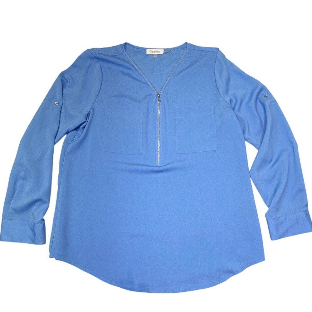 Calvin Klein Womens Blue Half Zip Roll Tab Sleeve Blouse Size L RN 54163